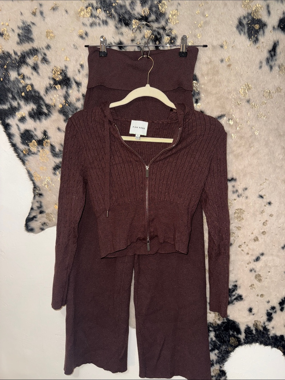 Pink Rose Ribbed Zip Hoodie & Knit Wide-Leg Pants Set in chocolate
